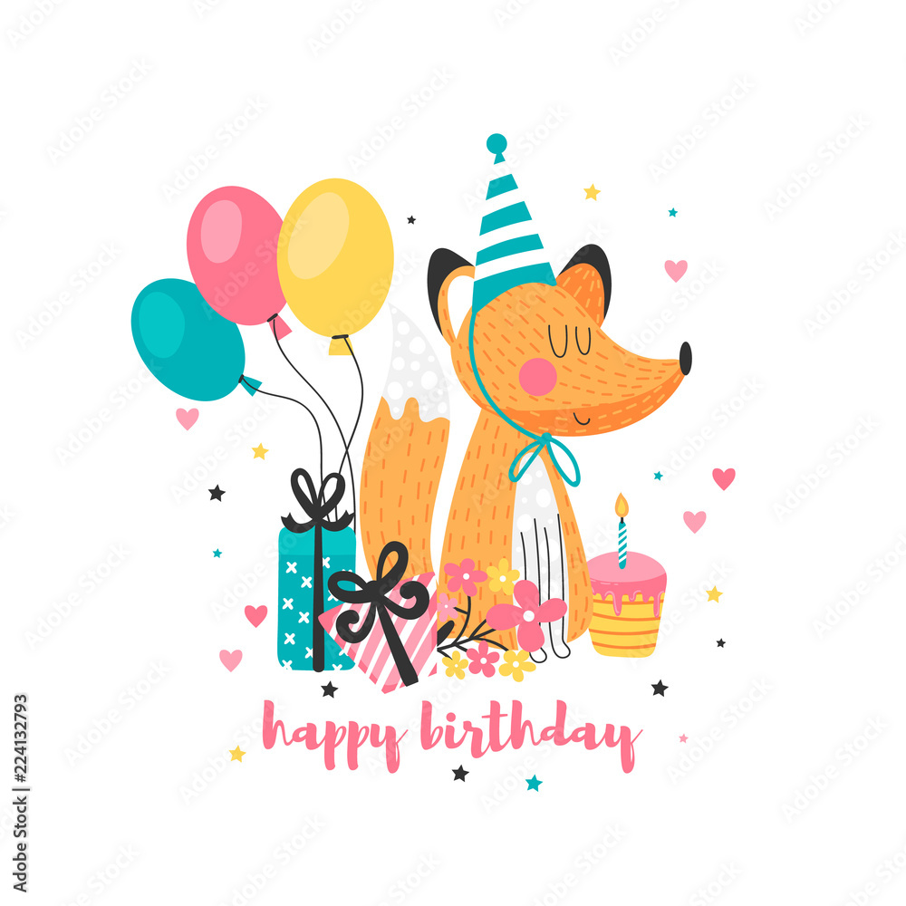 Fototapeta premium Birthday background with fox for children