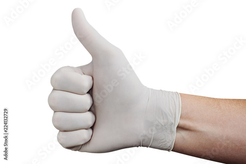 Hand in white medical glove showing approval thumbs up sign isolated on white background