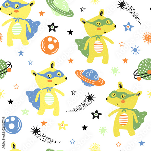 Seamless pattern with bears in space