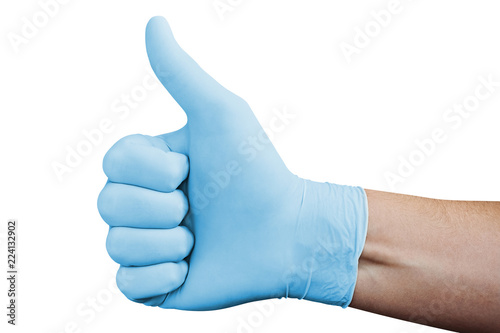 Hand in blue medical glove showing approval thumbs up sign isolated on white background