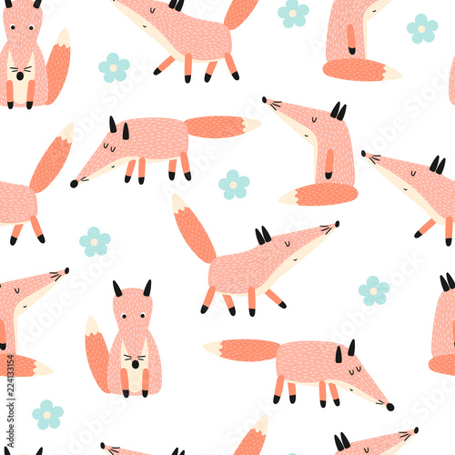 Seamless pattern with funny fox and flowers