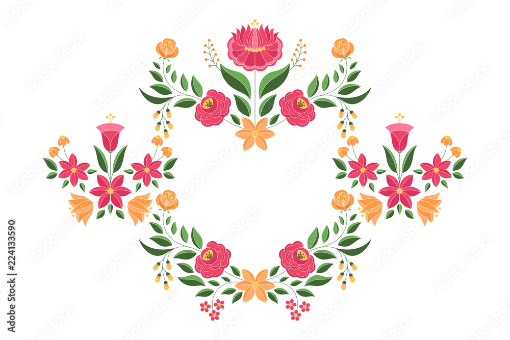 Hungarian folk pattern vector frame. Kalocsa flower ethnic ornament. Slavic eastern european print. Traditional floral embroidery design for rustic wedding, birthday invitation, save the date card.