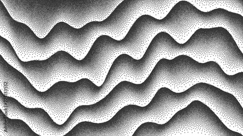 3D Abstract Vector Smooth Liquid Curved Lines Retro Style Dotwork Background. Hand Made Dotted Stippling Engraving Texture