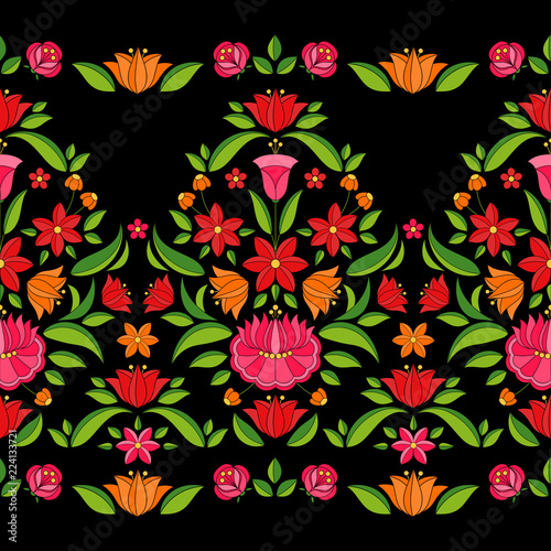 Hungarian folk pattern vector seamless border. Kalocsa floral ethnic ornament. Slavic eastern european embroidery print on black background. Vintage flower design for clothing fabric or gift paper.