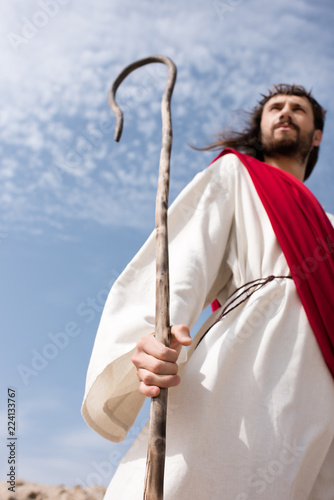 Принти на полотні high angle view of Jesus in robe, red sash and crown of thorns standing in deser