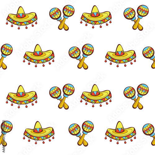 Seamless pattern on white background. Mexican hat and marocas..