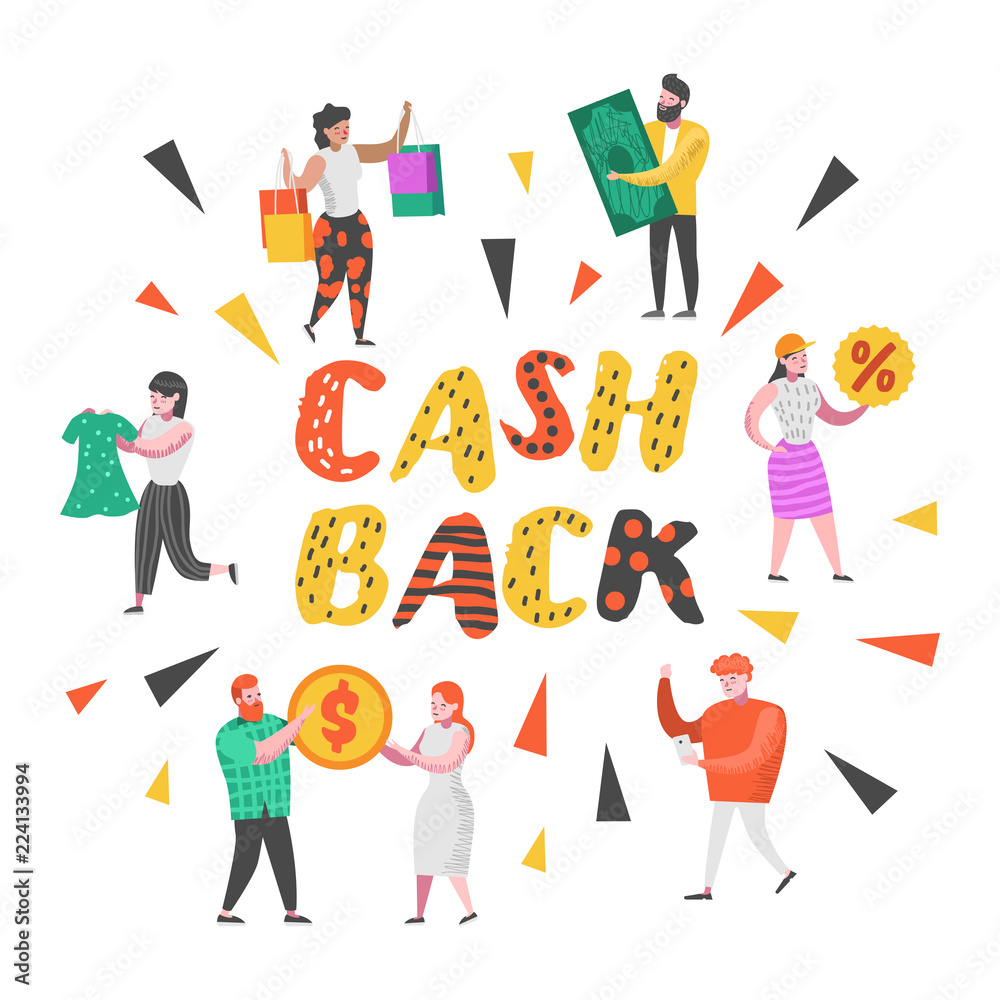Cash Back and Money Refund Concept. Flat People Characters on Shopping with Bags and Money. Sale, Big Discount, Promotion. Vector illustration