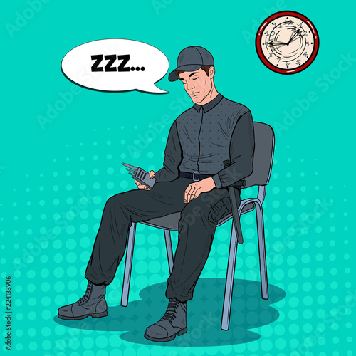 Pop Art Guard Man Sleeping at Work. Security Worker Resting on Armchair at Workplace. Vector illustration