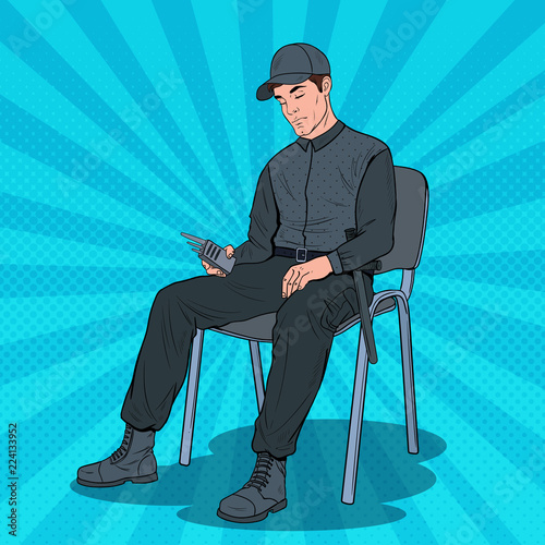 Pop Art Guard Man Sleeping at Work. Security Worker Resting on Armchair at Workplace. Vector illustration