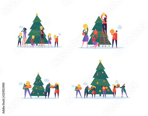 Flat Happy People Decorating Christmas Tree. Merry Xmas Holiday Party. Characters Celebrating New Year Eve. Vector illustration