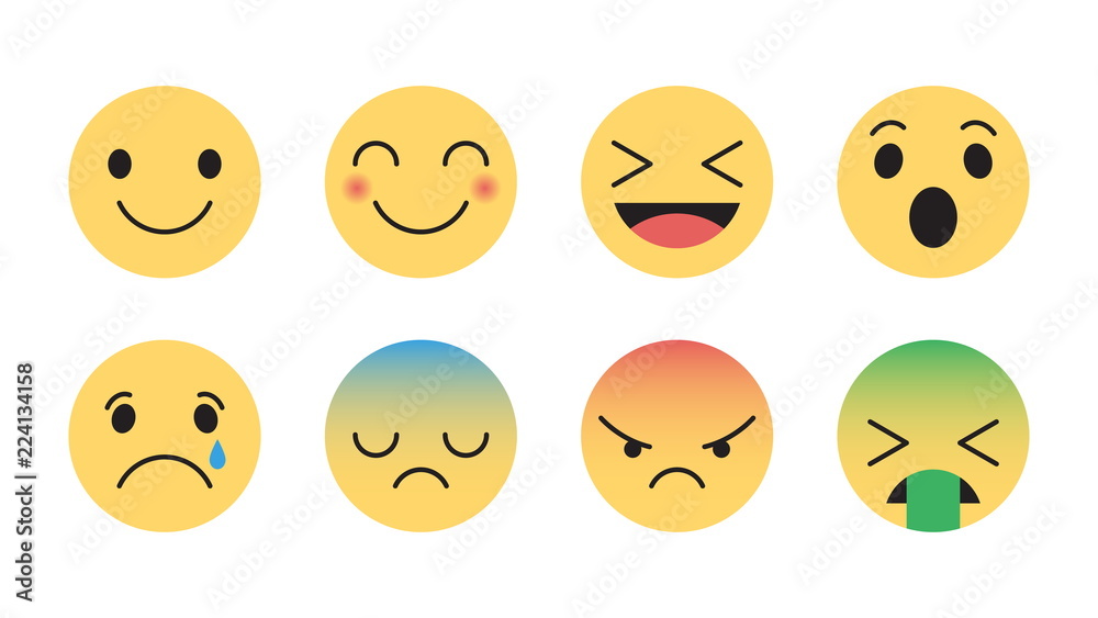 Flat Design Vector Emoticons Set with Different Reactions for Social Network Isolated on White Background. Modern Emoji Collection Flat Design Vector Emoticons Set with Different Reactions for Social Network Isolated on White Background. Modern Emoji Collection