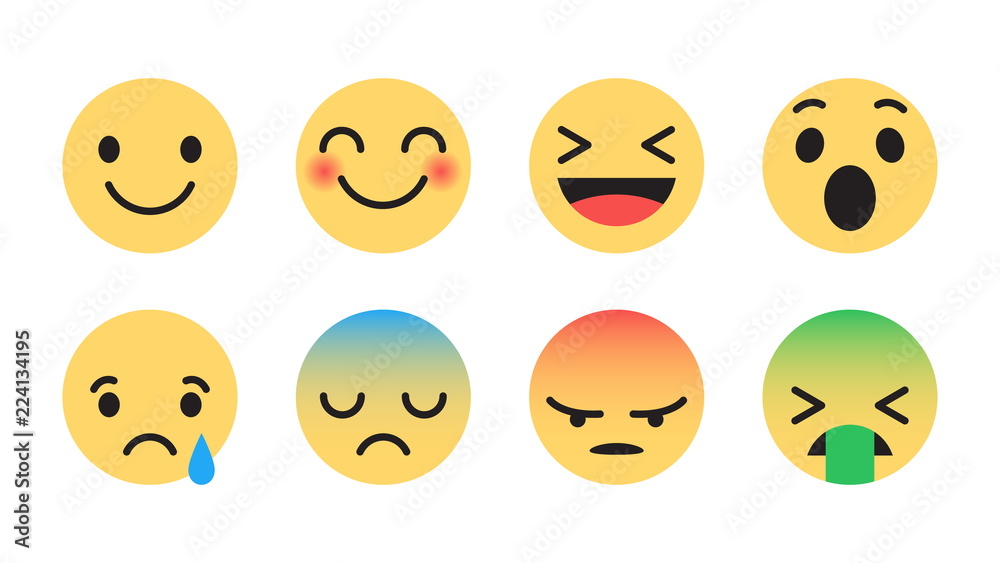 Flat Design Vector Emoticons Set with Different Reactions for Social Network Isolated on White Background. Modern Emoji Collection Flat Design Vector Emoticons Set with Different Reactions for Social Network Isolated on White Background. Modern Emoji Collection