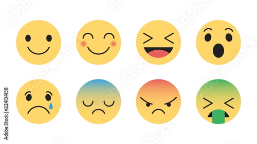 Flat Design Vector Emoticons Set with Different Reactions for Social Network Isolated on White Background. Modern Emoji Collection