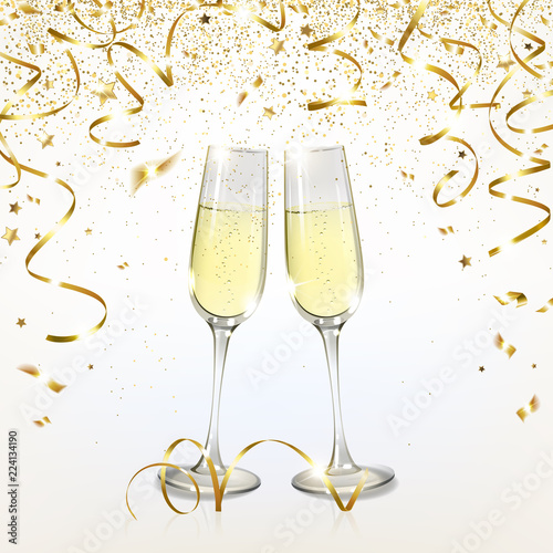 Glasses with Champagne and Golden Confetti