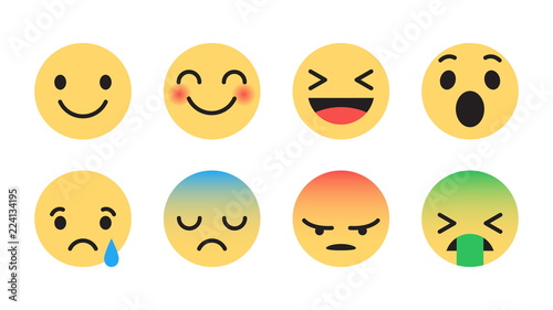 Flat Design Vector Emoticons Set with Different Reactions for Social Network Isolated on White Background. Modern Emoji Collection