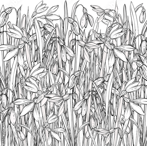 Fototapeta Naklejka Na Ścianę i Meble -  snowdrops,coloring books for children and adults, black and white, leaves, buds, flowers,card for you, handmade, pen,ink