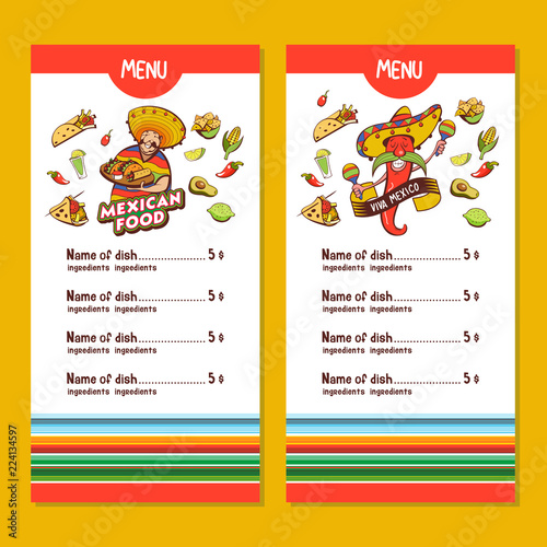 Mexican food. The layout of the menu of the Mexican restaurant. Vector illustration.