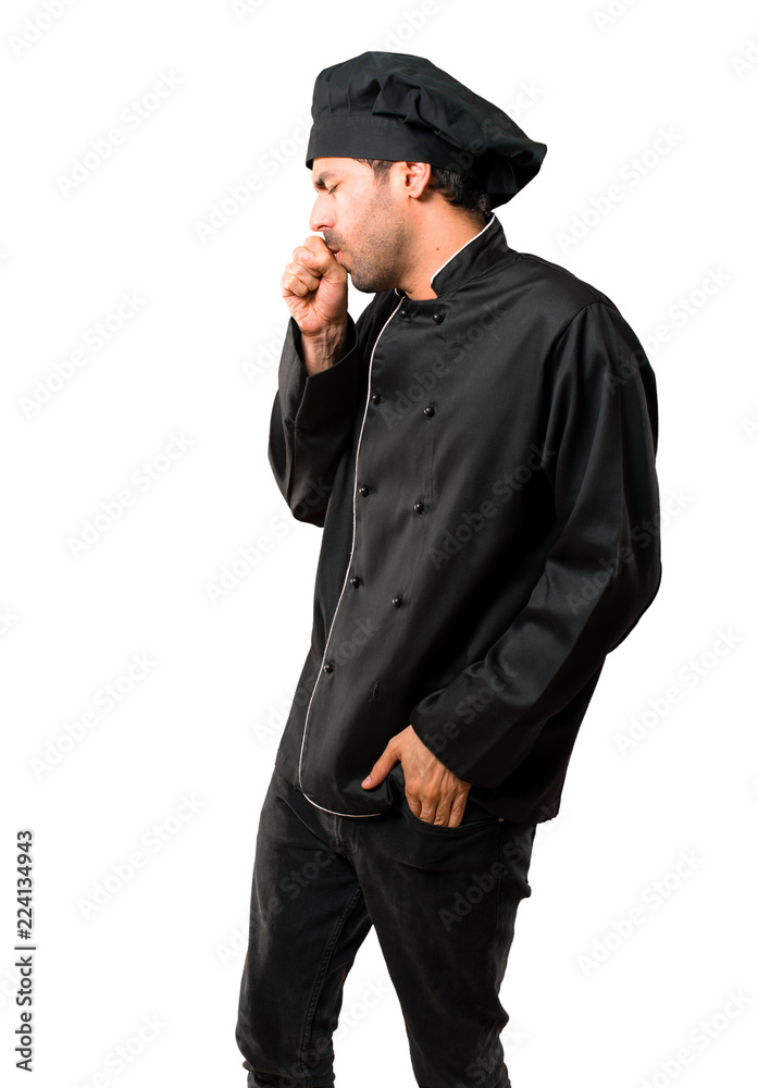 Chef man In black uniform is suffering with cough and feeling bad on isolated white background Chef man In black uniform is suffering with cough and feeling bad on isolated white background