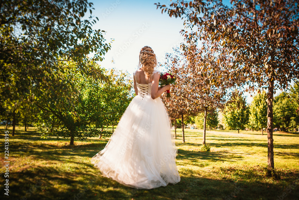 happy young bride on autumn forest background happy young bride on autumn forest background