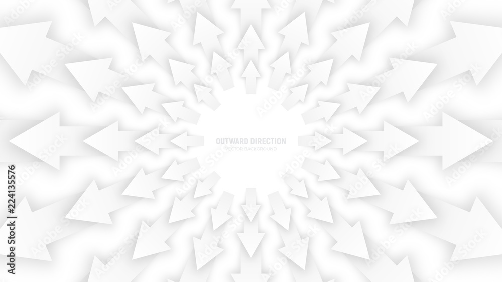 Obraz premium Vector White 3D Arrows with Soft Shadow Radial Composition Diverging in Outward Direction Abstract Bright Conceptual Illustration