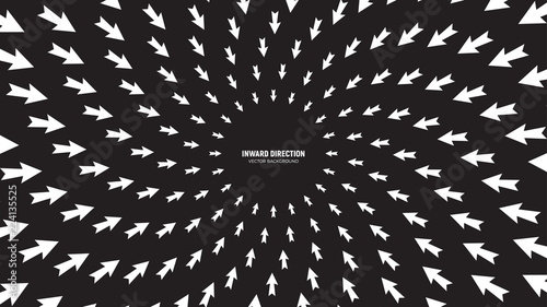 Vector White Arrows in Radial Composition Diverging in Inward Direction on Black Background Abstract Conceptual Illustration