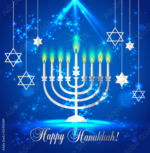Happy Hanukkah Shining Background with Menorah, David Star and Bokeh Effect. Vector illustration on blue.