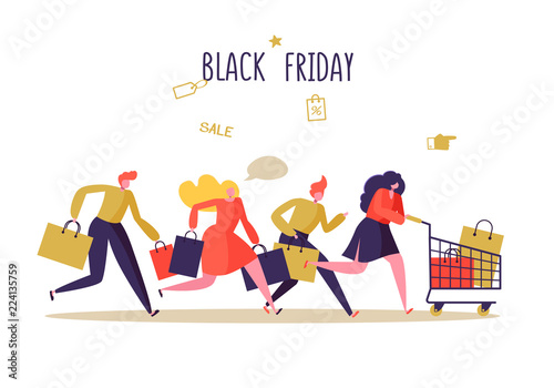 Black Friday Sale Event. Flat People Characters with Shopping Bags. Big Discount, Promo Concept, Advertising Poster, Banner. Vector illustration