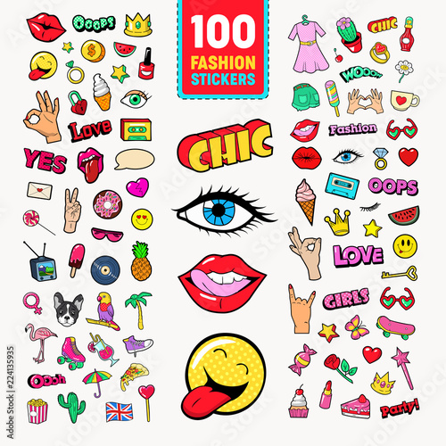 Fashion Stickers and Badges with Lips, Hands and Comic Speech Bubble. Teen Style Doodle. Vector illustration
