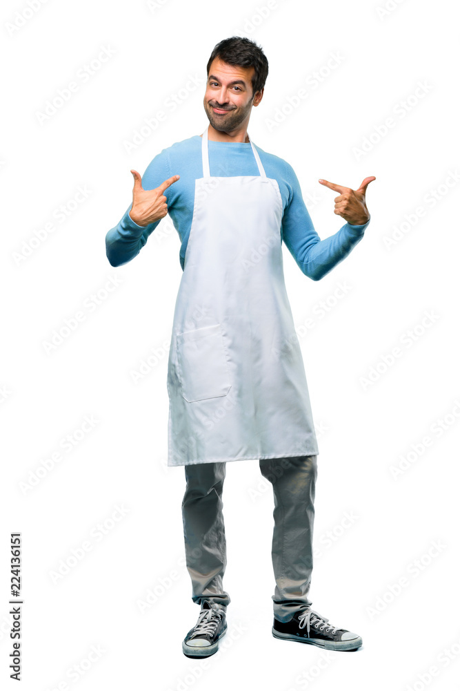 A full-length shot of a Man wearing an apron proud and self-satisfied in love yourself concept on isolated background A full-length shot of a Man wearing an apron proud and self-satisfied in love yourself concept on isolated background