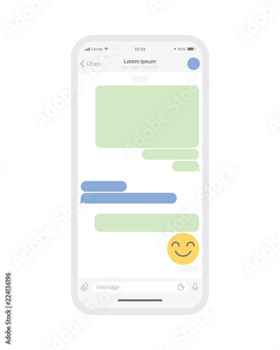 Mobile Chat App UI and UX Concept Vector Blank Mockup in Minimalist Classic Light Theme on Smart Phone Screen Isolated on White Background. Social Network Design Template
