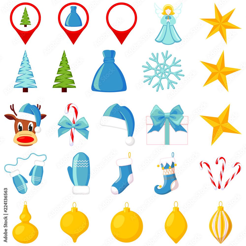 25 blue and yellow cartoon christmas elements.