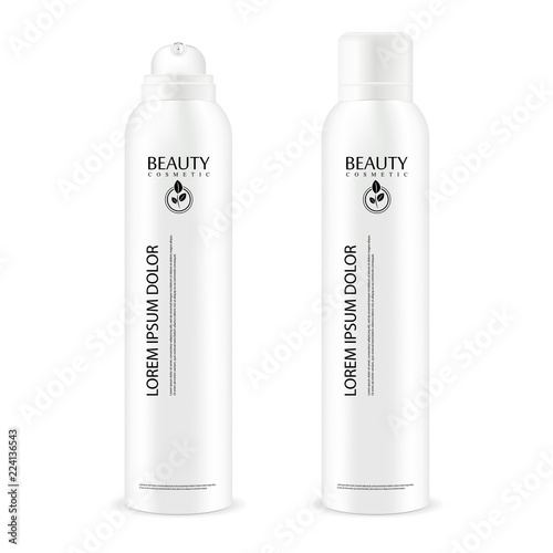 Aerosol spray metal bottle with lid. Deodorant antiperspirant or cosmetic hairspray can template. Vector package illustration isolated on white background.