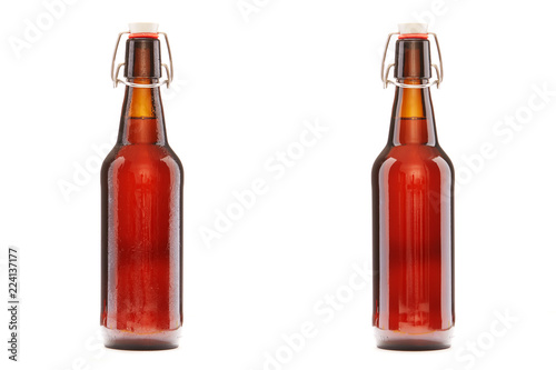 Brown Beer Bottles with cork on a white background with Copy Space 