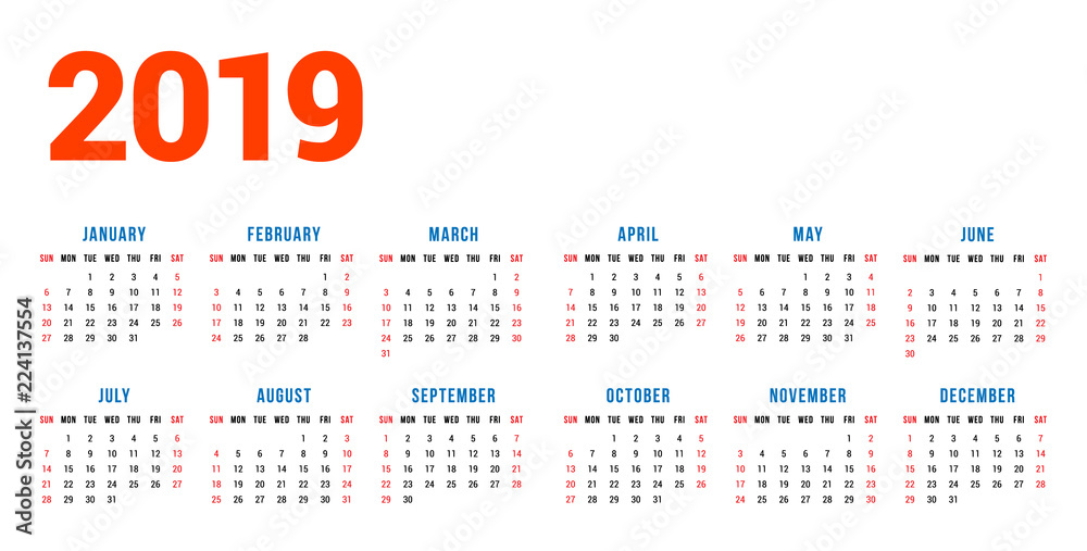 Calendar for 2019 year on white background. Week starts on Sunday. 6 columns, 2 rows. Simple calendar vector design element for your poster, flyer, planner, card. Stationery design template Calendar for 2019 year on white background. Week starts on Sunday. 6 columns, 2 rows. Simple calendar vector design element for your poster, flyer, planner, card. Stationery design template