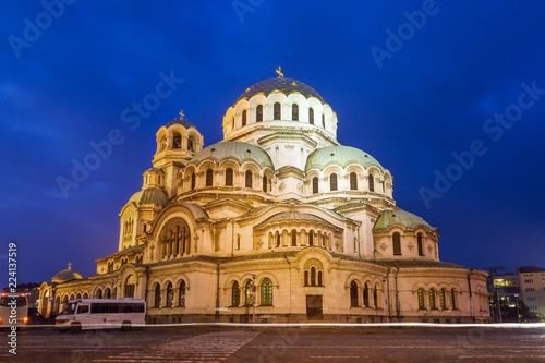Beautiful view of the Bulgarian Orthodox St. Alexander Nevsky Cathedral in Sofia, in the blue hour at night
