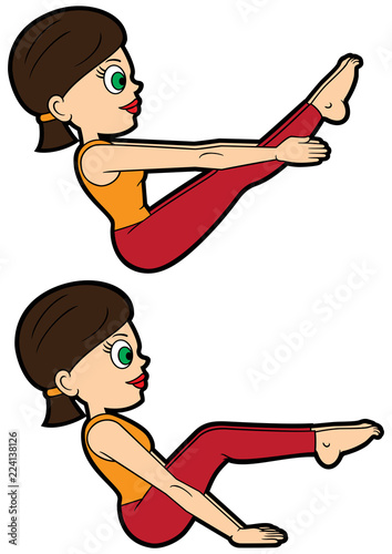 Yoga asana set full boat/ Illustration cartoon girl doing paripurna navasana. Two variations