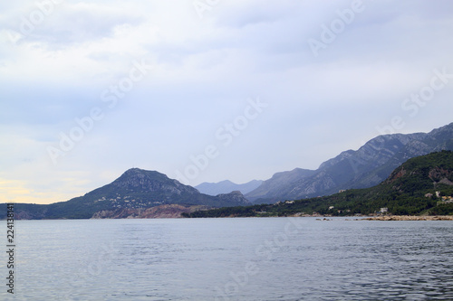 landscape with Adriatic sea, mountains and clouds near Bar in Montenegro