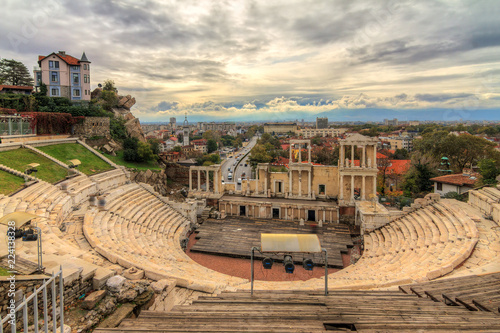 Beautiful cityscape of Plovdiv, Bulgaria, in the medieval part of the city called Old Town, with the ancient Roman theatre photo