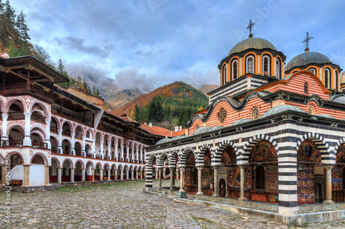 Beautiful view of the Orthodox Rila Monastery, a famous tourist attraction and cultural heritage monument in the Rila Nature Park mountains in Bulgaria