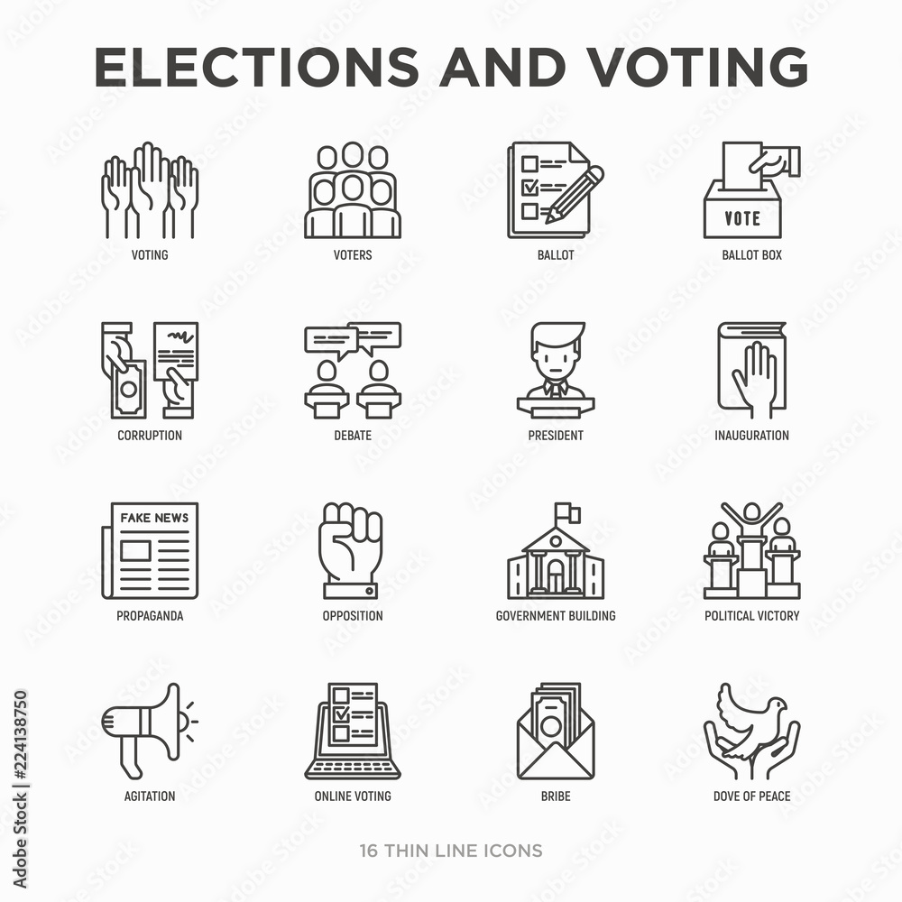 Election and voting thin line icons set: voters, ballot box, inauguration, corruption, debate, president, political victory, propaganda, bribe, agitation. Modern vector illustration. Election and voting thin line icons set: voters, ballot box, inauguration, corruption, debate, president, political victory, propaganda, bribe, agitation. Modern vector illustration.