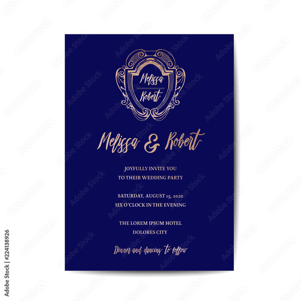 Wedding Monogram Vintage Invitation Card, Save the Date Template, Golden Foil Design in vector