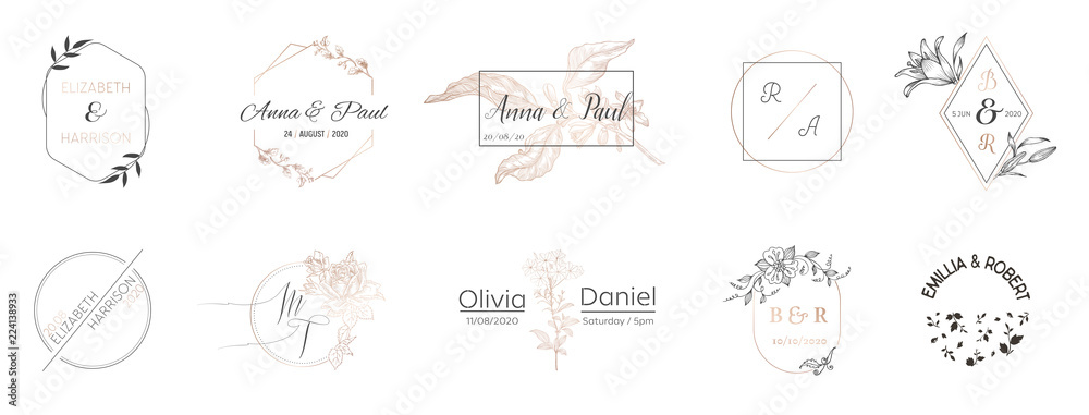 Wedding monogram collection, Modern Minimalistic and Floral templates for Invitation cards, Save the Date, Logo identity for restaurant, boutique, cafe in vector - obrazy, fototapety, plakaty 