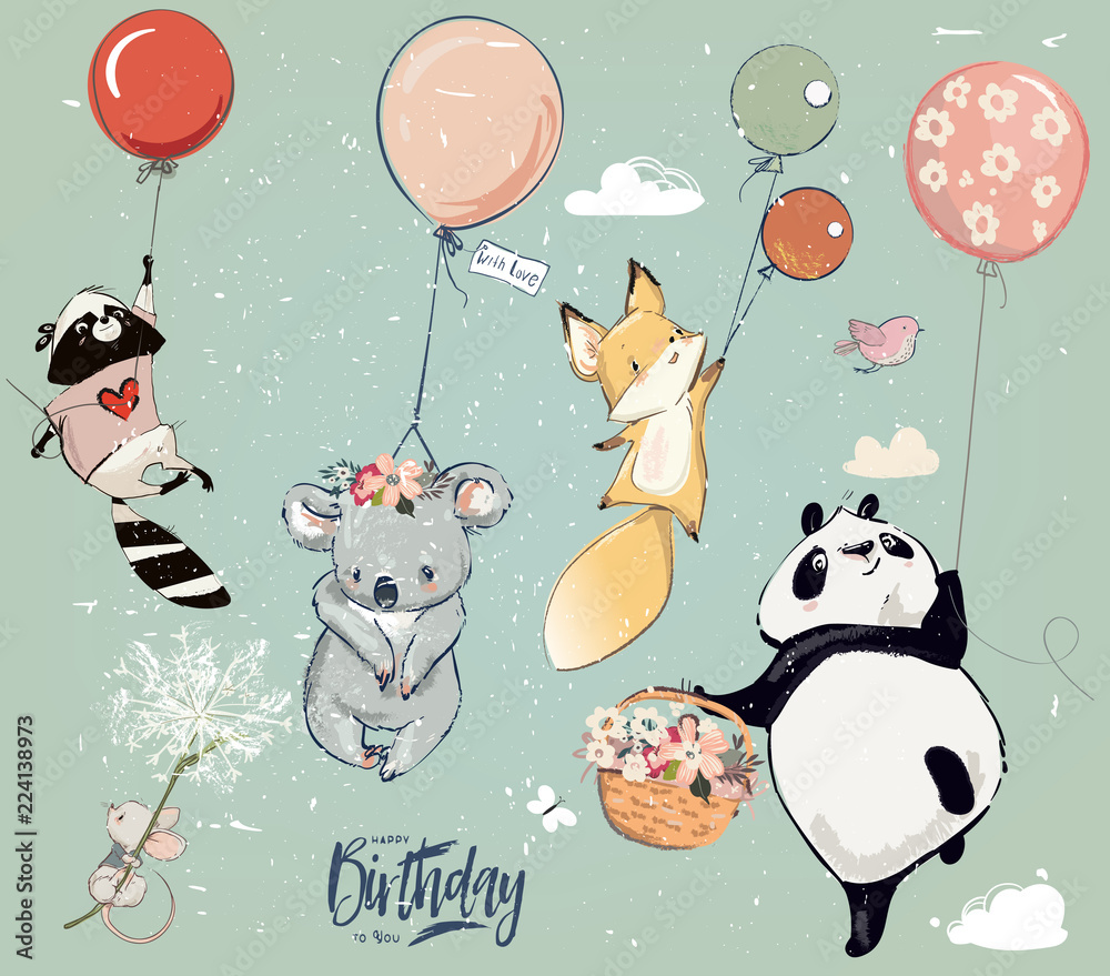 Collection with cute birthday fly animals with balloons - obrazy, fototapety, plakaty 