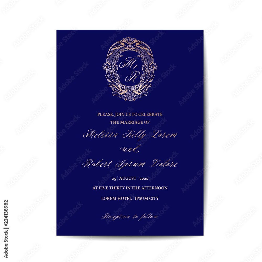 Naklejka premium Wedding Monogram Vintage Invitation Card, Save the Date Template, Golden Foil Design in vector