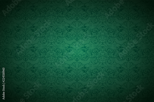 Green vintage background , royal with classic Baroque pattern, Rococo with darkened edges background(card, invitation, banner). horizontal format