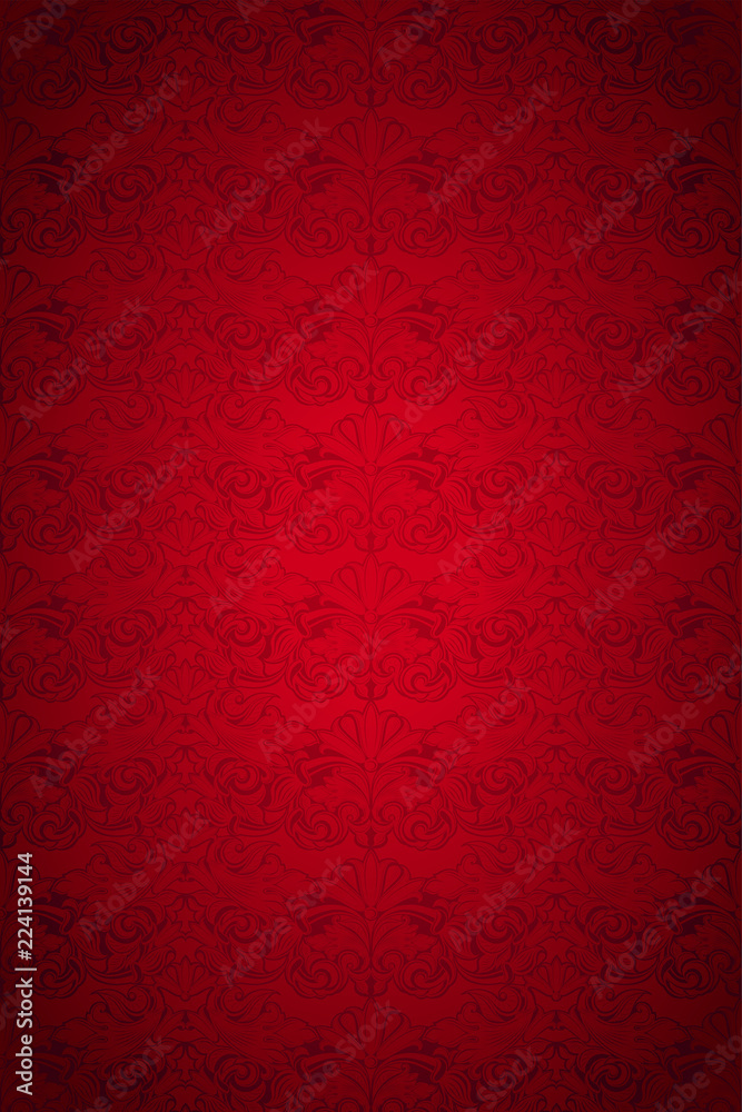 Red vintage background , royal with classic Baroque pattern, Rococo with darkened edges backgroundcard, invitation, banner. vertical format