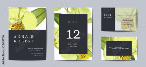 Botanical wedding invitation card Template Design, Orchid flowers in modern, Collection of Save the date, RSVP in vector