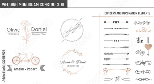 Wedding Monogram Constructor, Modern Minimalistic Collection of templates for Invitation cards, Save the Date, Logo identity in vector