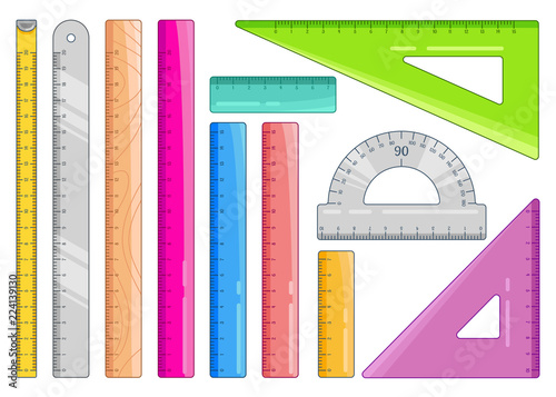 Set of colourful rulers. Art design measurement office supplies and school stationery. Vector illustration isolated on white.