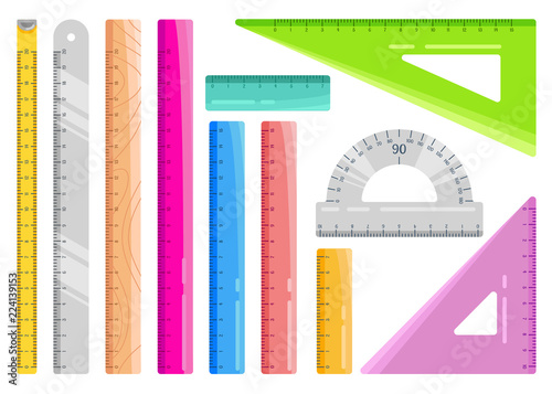 Set of colourful rulers. Art design measurement office supplies and school stationery. Vector illustration isolated on white.
